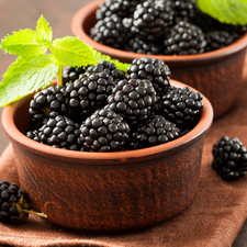 blackberries, Bowls, tea-towel, leaves