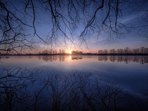 Sunrise, morning, trees, viewes, Latgale, Latvia, branch pics, reflection, Dubna River