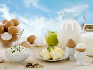 butter, eggs, Muesli, breakfast, Apple, milk