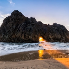 sea, Rocks, light breaking through sky, Beaches