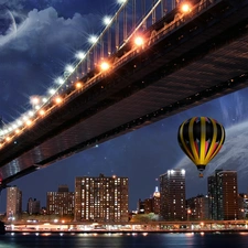 bridge, Balloon, Night, light, Town