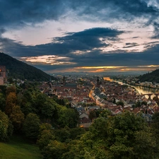 trees, castle, viewes, bridge, Neckar River, Houses, ruins, Germany, clouds, Hill, Mountains, Heidelberg