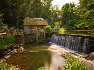 bridge, forest, Windmill, water, River