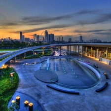 skyscrapers, graphics, bridge, fountain, clouds, Town