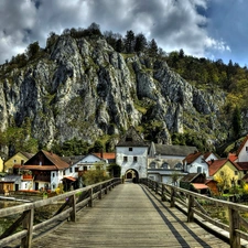 wooden, buildings, Bavaria, River, Mountains, bridge, Germany