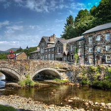 bridge, brook, Great Britain, Houses, wales