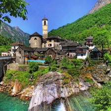 Mountains, Houses, bridge, green, River, belfry