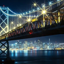 bridge, River, Night, Floodlit, San Francisco