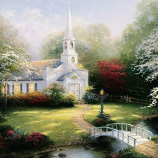 Church, River, Thomas Kinkade, bridges, viewes, picture, painting, trees