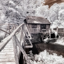 bridges, winter, water, cascade, Windmill