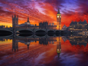 London, bridge, River Thames, Westminster, Great Sunsets, England, Great Britain, Big Ben