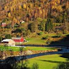 brook, autumn, buildings