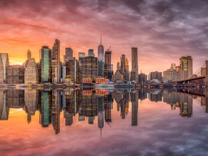 Great Sunsets, New York, skyscrapers, Brooklyn Bridge, New York, The United States, River, East River Strait, Brooklyn Bridge