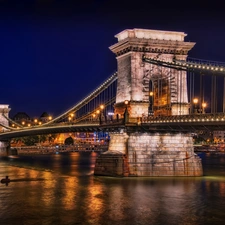 Catenary, Danube, Budapest, Hungary, Night, bridge