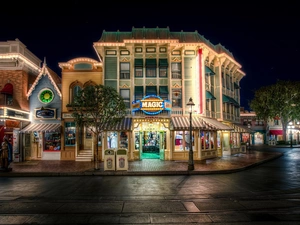 Street, Night, California, buildings, Town, Disneyland, USA