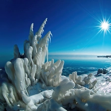 sky, sun, Covered, sea, rays, Bush, ice