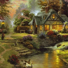 viewes, brook, Thomas Kinkade, Bush, picture, trees, Home, Flowers