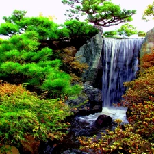 Bush, waterfall, rocks