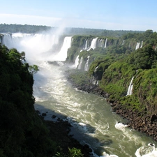 Bushes, rocks, waterfalls, forest, River