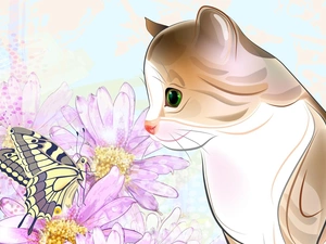 cat, Flowers, 2D, butterfly