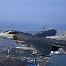 by, town, F-16, flight, Sky