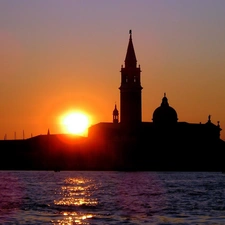 by, town, west, sun, Venice