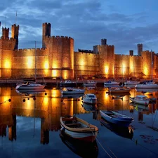 Caernarfon, wales, River, boats, Castle