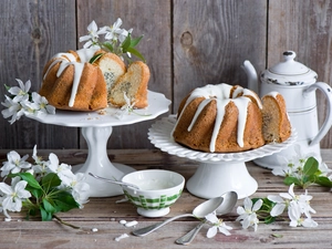 cake, cake, Plates, Twigs, bowl, boarding, Flowers, jug, White