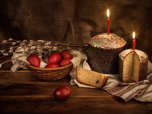 database, basket, napkin, eggs, candles, composition, Easter, cake