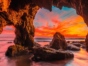 Malibu, sea, clouds, cave, Great Sunsets, California, The United States, rocks
