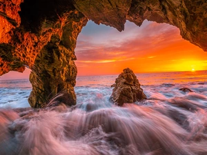 Malibu, sea, Great Sunsets, Waves, rocks, California, The United States, cave
