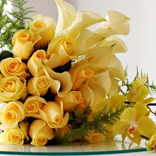 Calla, orchids, flowers, roses, bouquet