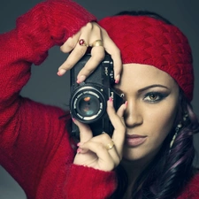 girl, make-up, Camera, Hat