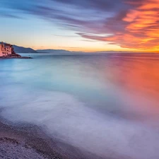Camogli, Church, clouds, buildings, sea, Liguria, Italy, Great Sunsets
