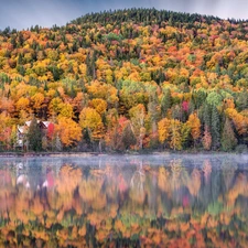 viewes, La Mauricie National Park, lake, autumn, house, Canada, Quebec, trees, forest, reflection, Fog