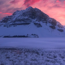 Mountains, winter, Crowfoot Mountain, trees, Banff National Park, Canada, Great Sunsets, Bow Lake, viewes