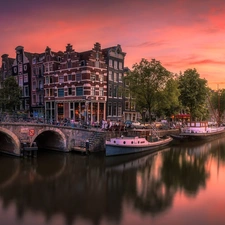 trees, Amsterdam, River, Houses, boats, Netherlands, canal, Great Sunsets, viewes, bridge