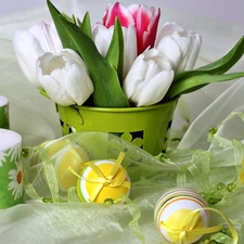 Candles, composition, tulips, eggs, bouquet