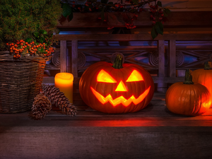 cones, pumpkin, conifer, Candles, composition, basket, halloween