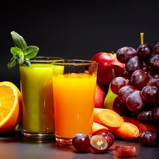 grape, juice, carrots, orange, apples, Glass