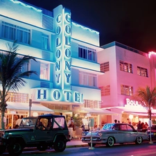 Hotel hall, evening, cars, Colony