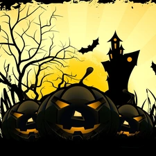 Castle, bats, Three, pumpkin, halloween