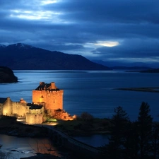 lake, Floodlit, Castle, Mountains