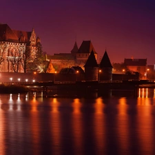 Castle, Night, Malbork, Nogat River, Poland