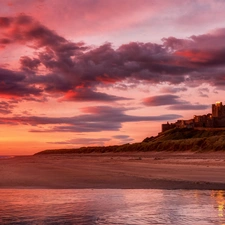 west, sea, Castle, sun