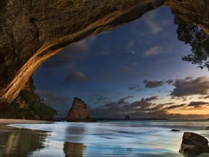 sea, Coromandel Peninsula, Cathedral Cove, Night, reservation, New Zeland, Waikato, star, rocks, cave
