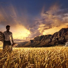 cereals, a man, sun, rocks, west