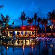 Pool, Floodlit, Palms, holiday, deck chair, Hotel hall