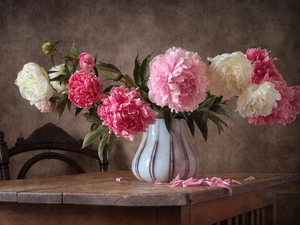 bouquet, Flowers, Table, Chair, Vase, Peonies