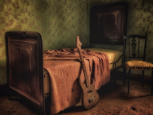 Guitar, Chair, Room, White Bed, Neglected